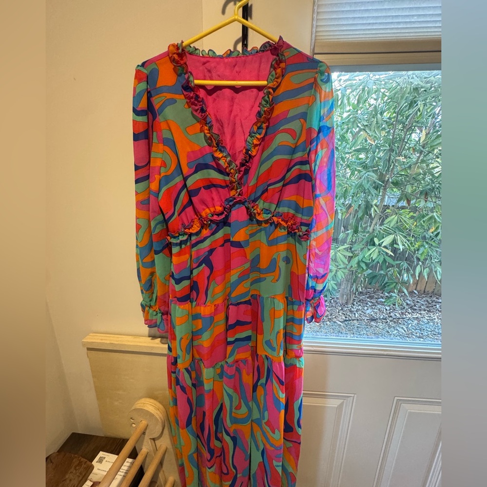 Vibrant Pink Multi-Color Ruffle V-Neck Maxi Dress